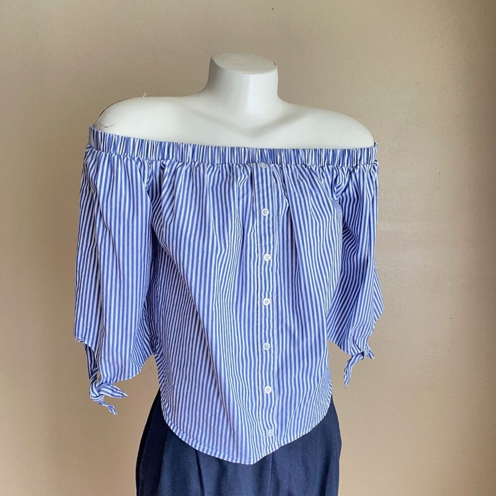 Love Fire Size Large Blue White Striped Off Shoulder Top with Sleeve Ties Pirate